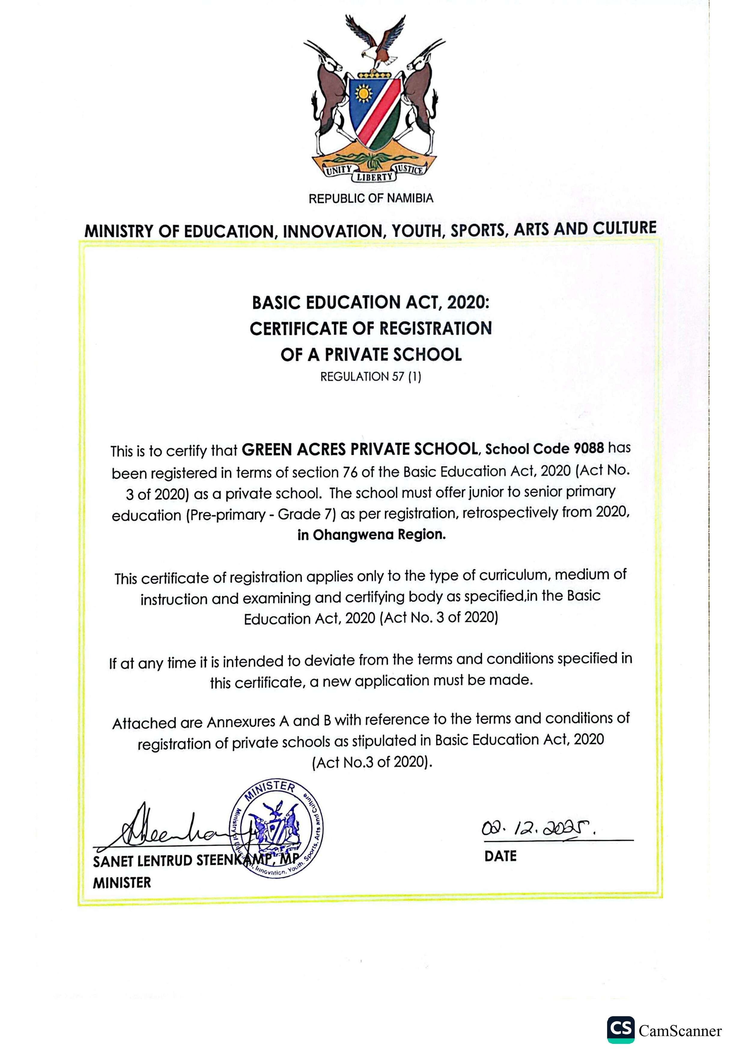 Green Acres Private School Certificate